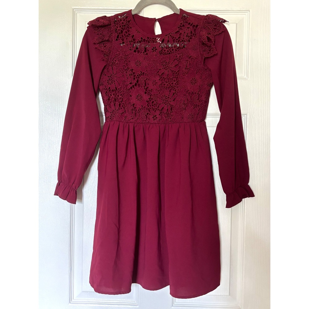 Burgundy Floral Lace Long Sleeve Fit & Flare Dress Girls Size 12Y-13Y 2XL